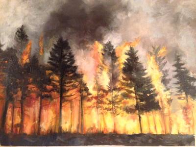 painting of fire burning in the forest