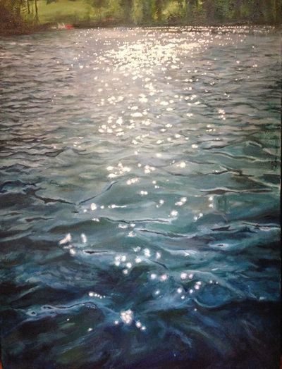 Sparkles of light on soft blue seascape painting