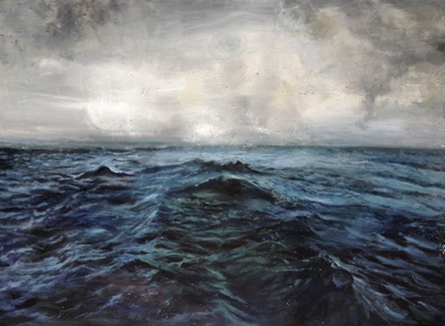 Seascape painting with a moody grey sky