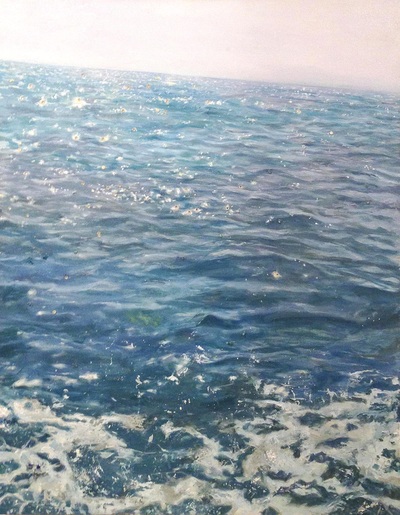 cerulean blue seascape painting with sparkles