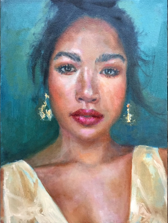 Woman portrait with earings and teal background oil painting 
