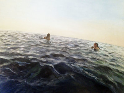 seascape painting curved with two figures