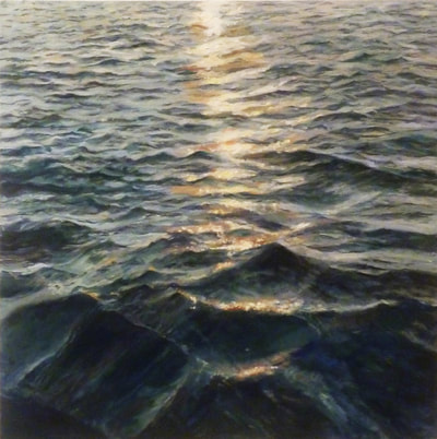seascape painting of the sun reflecting light onto the waves