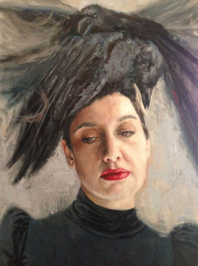 painting of a woman with red lips with crows on her head