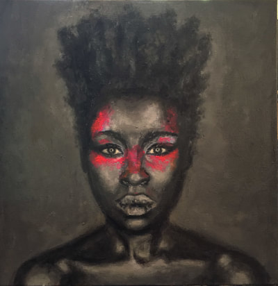 Heart, Soul, Tooth and Nail, oil on canvas 10"x10" Black woman with flourescent paint