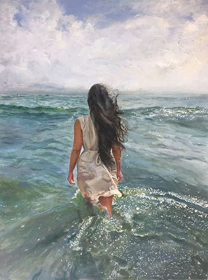 Seascape paintings and portrait in oil, one image of an asian woman